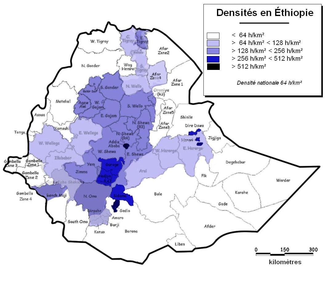Etiopia, populazio-dentsitate mapa