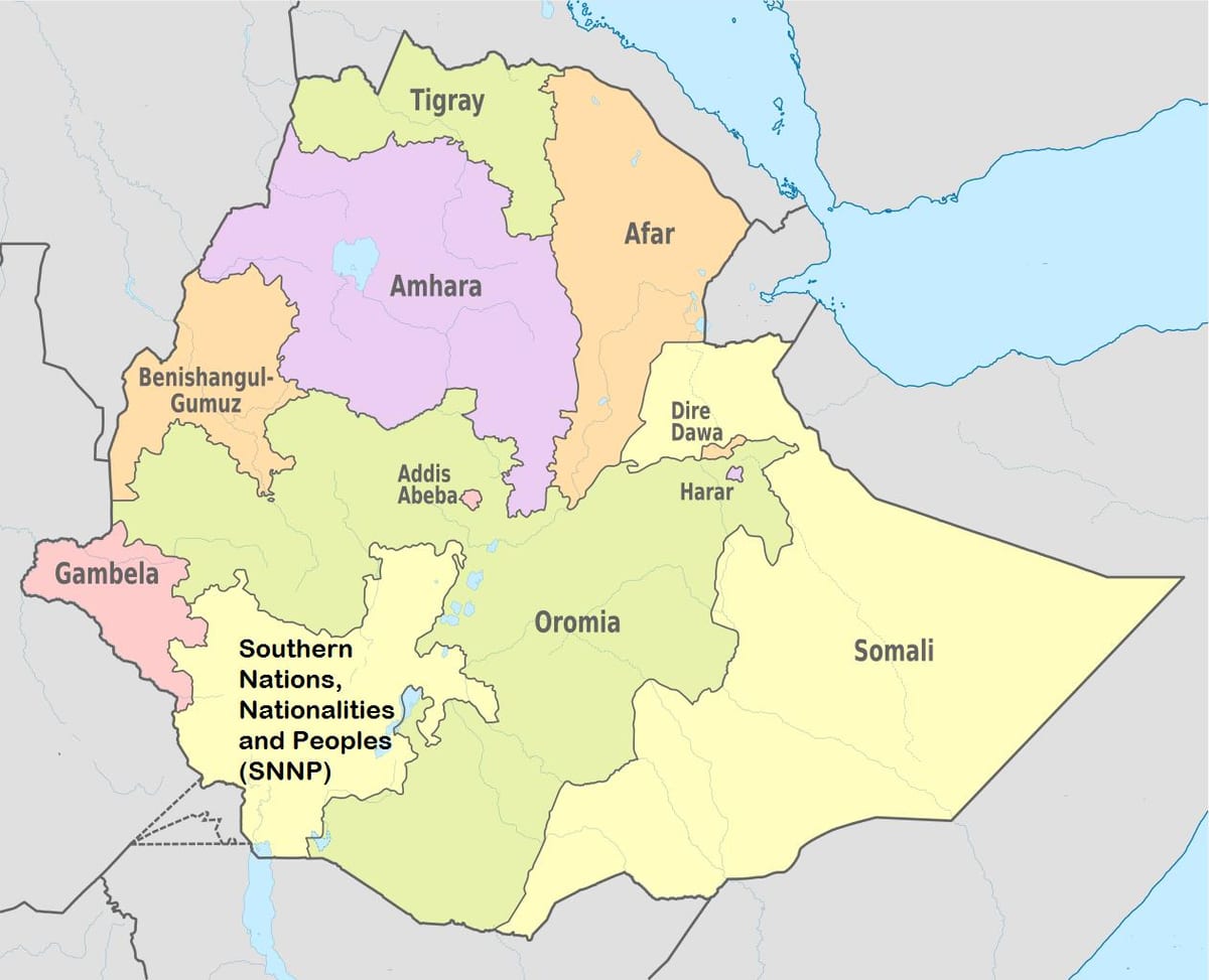 Etiopia regional estatu batuetako mapa