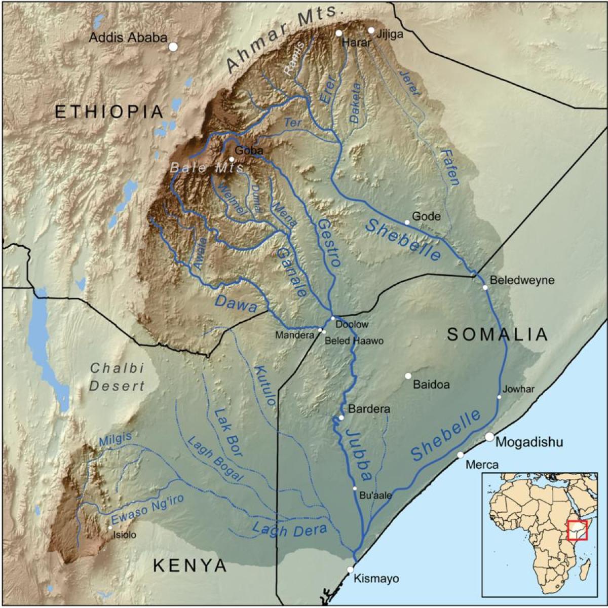 Etiopiako ibaiaren arroetan mapa